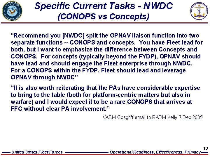 Specific Current Tasks - NWDC (CONOPS vs Concepts) “Recommend you [NWDC] split the OPNAV
