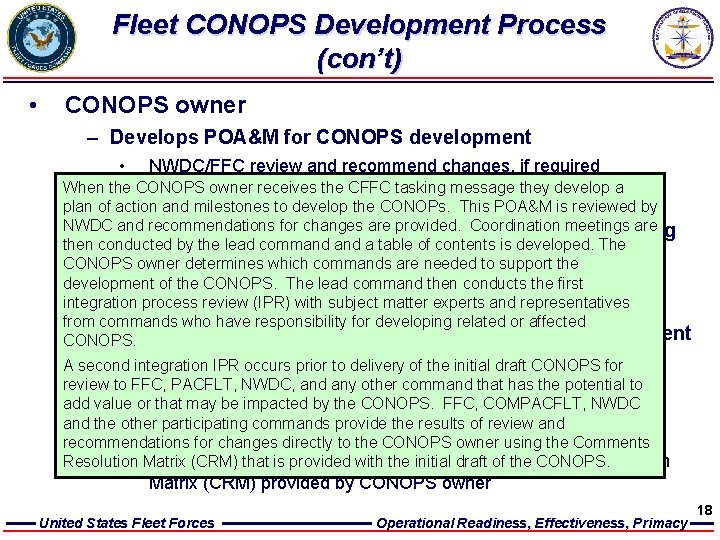 Fleet CONOPS Development Process (con’t) • CONOPS owner – Develops POA&M for CONOPS development