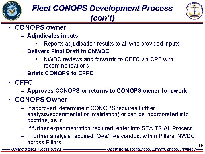 Fleet CONOPS Development Process (con’t) • CONOPS owner – Adjudicates inputs • Reports adjudication
