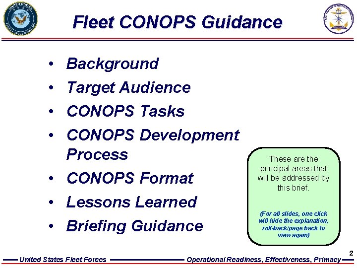 Fleet CONOPS Guidance • • Background Target Audience CONOPS Tasks CONOPS Development Process •