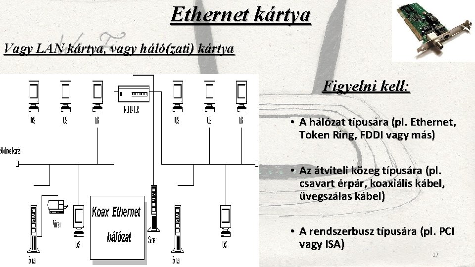 Ethernet kártya Vagy LAN kártya, vagy háló(zati) kártya • UTP és/vagy BNC csatlakozó és/vagy