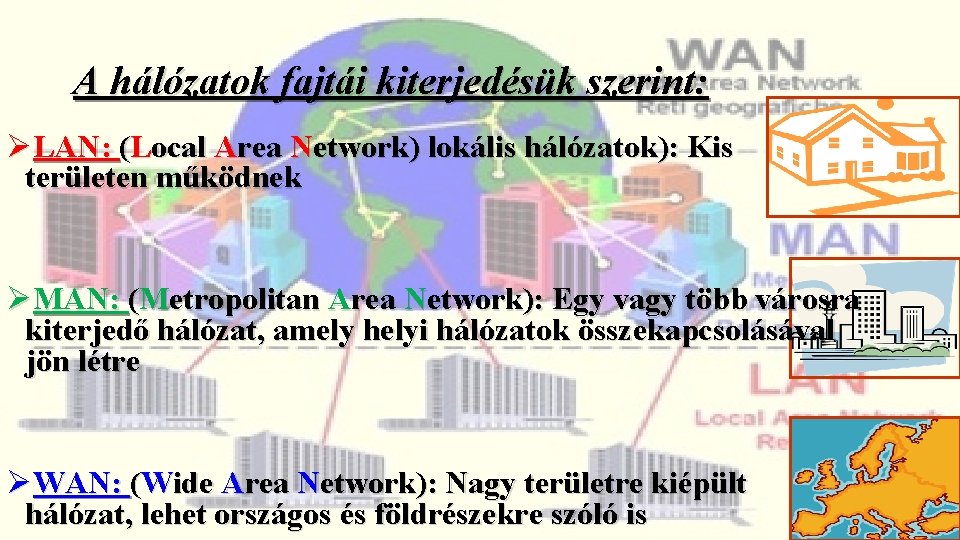 A hálózatok fajtái kiterjedésük szerint: ØLAN: (Local Area Network) lokális hálózatok): Kis területen működnek