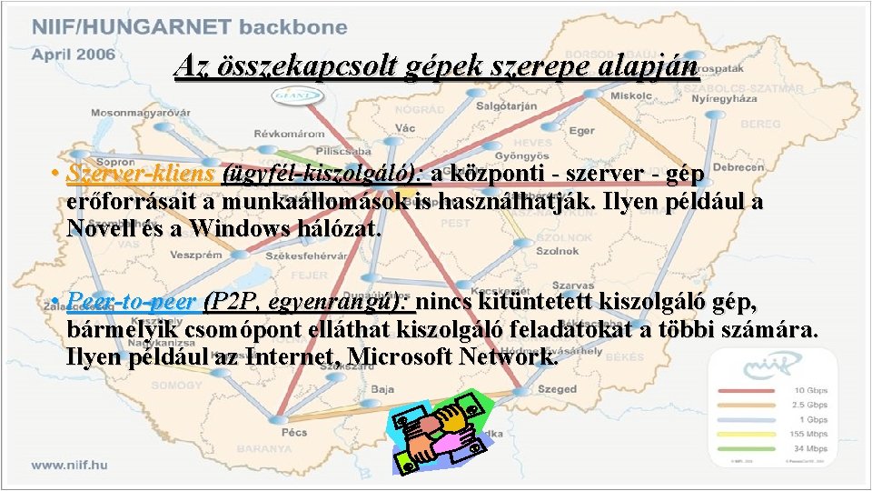 Az összekapcsolt gépek szerepe alapján • Szerver-kliens (ügyfél-kiszolgáló): a központi - szerver - gép