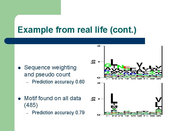 Example from real life (cont. ) l Sequence weighting and pseudo count – l