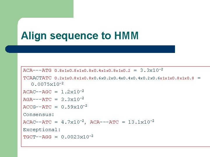 Align sequence to HMM ACA---ATG 0. 8 x 1 x 0. 8 x 0.