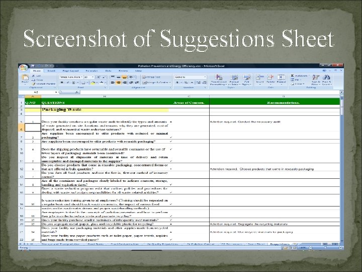 Screenshot of Suggestions Sheet 