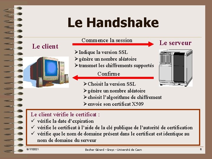 Le Handshake Le client Commence la session Le serveur ØIndique la version SSL Øgénère
