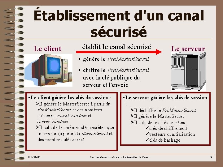 Établissement d'un canal sécurisé Le client établit le canal sécurisé Le serveur • génère