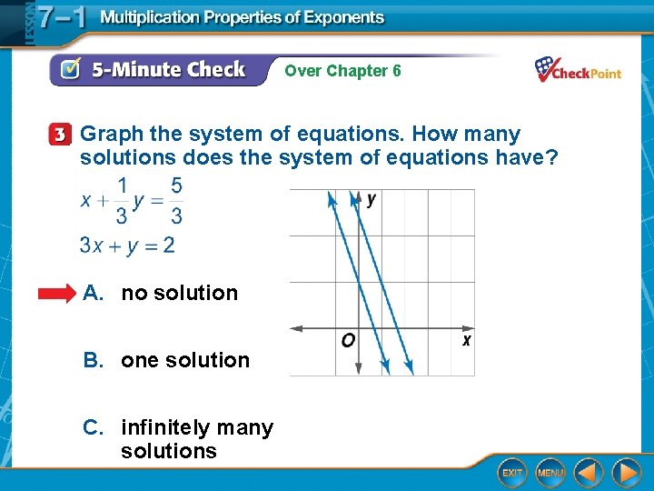 Over Chapter 6 Graph the system of equations. How many solutions does the system