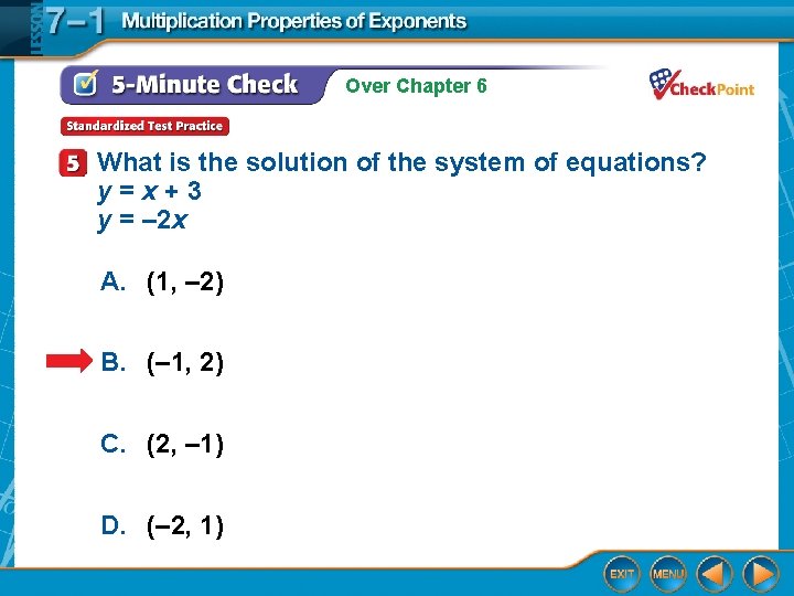 Over Chapter 6 What is the solution of the system of equations? y=x+3 y