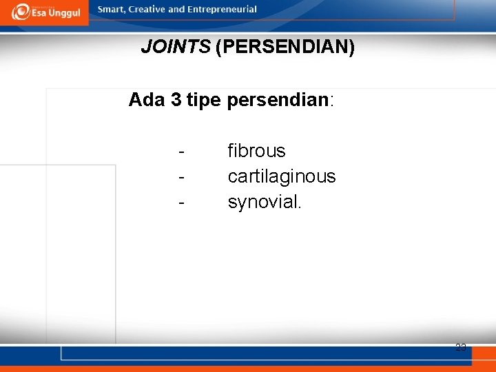 JOINTS (PERSENDIAN) Ada 3 tipe persendian: - fibrous cartilaginous synovial. 23 