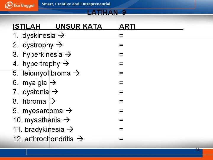 LATIHAN 9 ISTILAH UNSUR KATA 1. dyskinesia 2. dystrophy 3. hyperkinesia 4. hypertrophy 5.