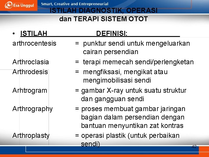 ISTILAH DIAGNOSTIK, OPERASI dan TERAPI SISTEM OTOT • ISTILAH arthrocentesis Arthroclasia Arthrodesis Arhtrogram Arthrography