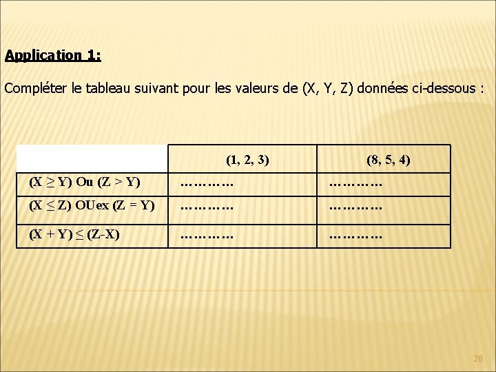 Application 1: Compléter le tableau suivant pour les valeurs de (X, Y, Z) données Application 1: Compléter le tableau suivant pour les valeurs de (X, Y, Z) données