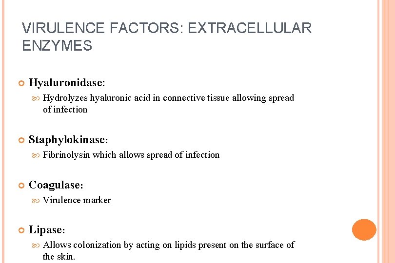 VIRULENCE FACTORS: EXTRACELLULAR ENZYMES Hyaluronidase: Staphylokinase: Fibrinolysin which allows spread of infection Coagulase: Hydrolyzes