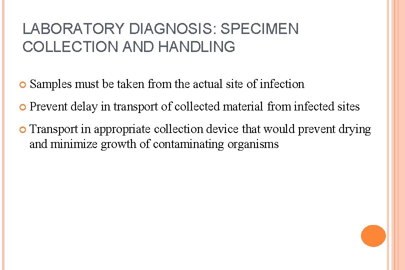 LABORATORY DIAGNOSIS: SPECIMEN COLLECTION AND HANDLING Samples must be taken from the actual site