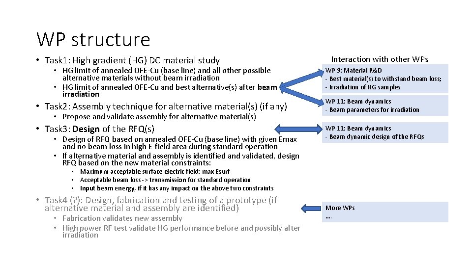 WP structure • Task 1: High gradient (HG) DC material study • HG limit