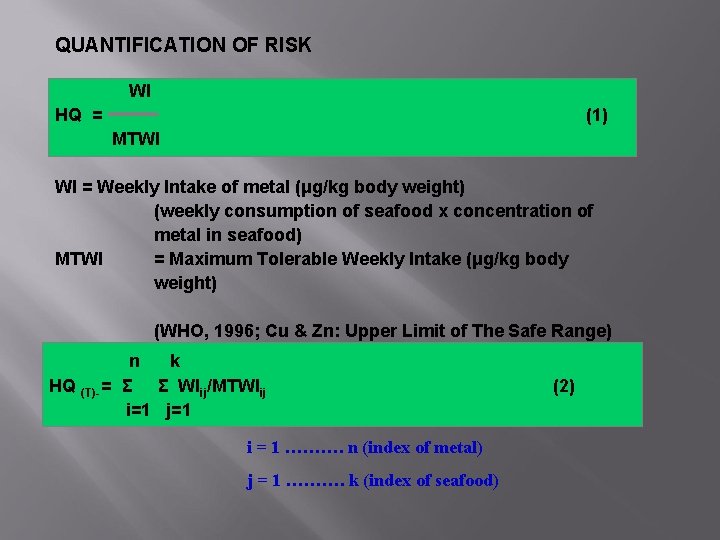 QUANTIFICATION OF RISK WI HQ = (1) MTWI WI = Weekly Intake of metal