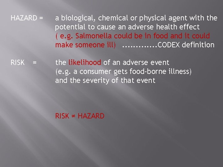 HAZARD = a biological, chemical or physical agent with the potential to cause an