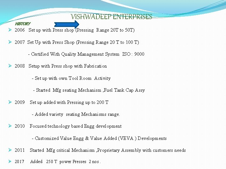 HISTORY VISHWADEEP ENTERPRISES Ø 2006 Set up with Press shop (Pressing Range 20 T