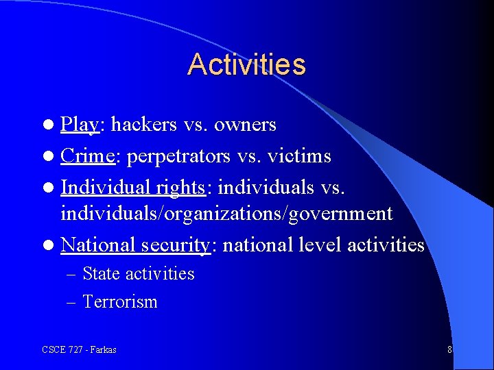 Activities l Play: hackers vs. owners l Crime: perpetrators vs. victims l Individual rights: