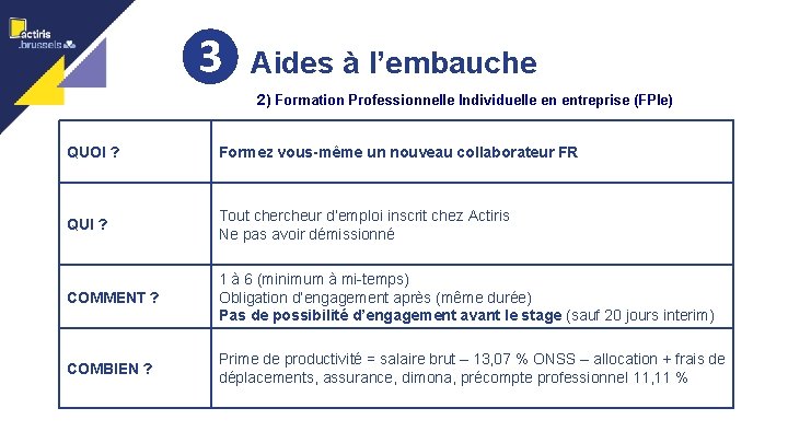 ❸ Aides à l’embauche 10 2) Formation Professionnelle Individuelle en entreprise (FPIe) QUOI ?