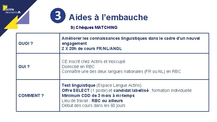 ❸ Aides à l’embauche 17 9) Chèques MATCHING QUOI ? Améliorer les connaissances linguistiques