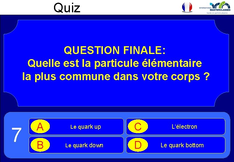 Quiz QUESTION FINALE: Quelle est la particule élémentaire la plus commune dans votre corps