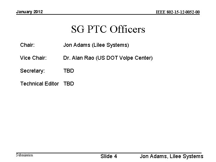 January 2012 IEEE 802 -15 -12 -0052 -00 SG PTC Officers Chair: Jon Adams