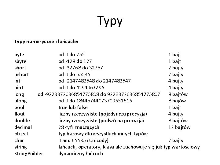 Typy numeryczne i łańcuchy byte od 0 do 255 1 bajt sbyte od -128