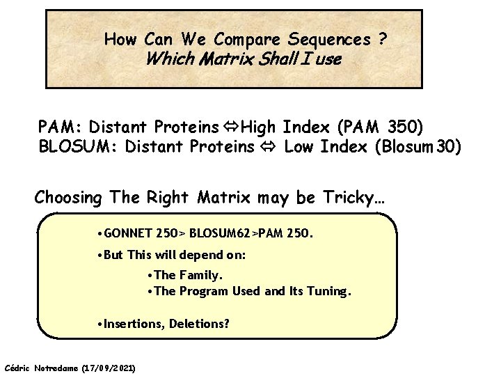 How Can We Compare Sequences ? Which Matrix Shall I use PAM: Distant Proteins