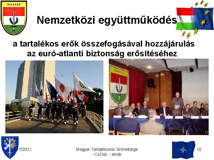 Nemzetközi együttműködés a tartalékos erők összefogásával hozzájárulás az euró-atlanti biztonság erősítéséhez 9/17/2021 Magyar Tartalékosok