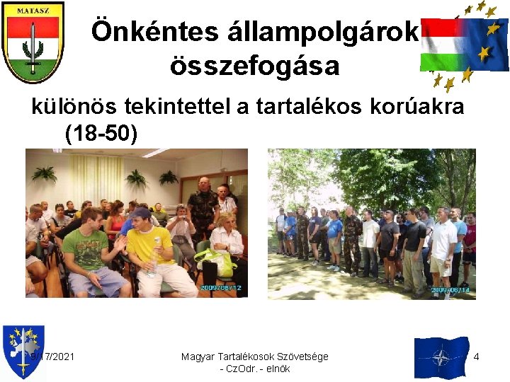 Önkéntes állampolgárok összefogása különös tekintettel a tartalékos korúakra (18 -50) 9/17/2021 Magyar Tartalékosok Szövetsége