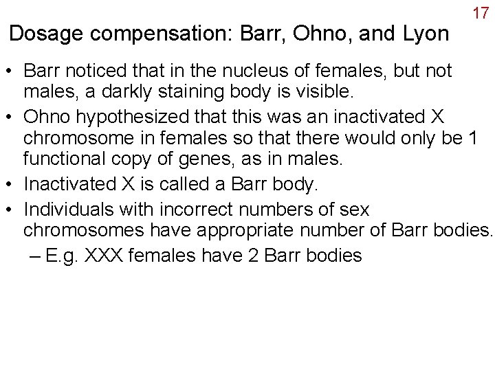 Dosage compensation: Barr, Ohno, and Lyon 17 • Barr noticed that in the nucleus