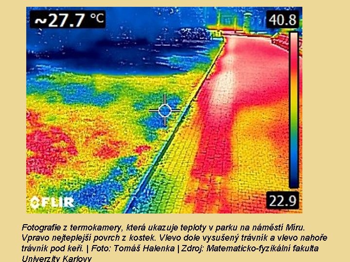 Fotografie z termokamery, která ukazuje teploty v parku na náměstí Míru. Vpravo nejteplejší povrch