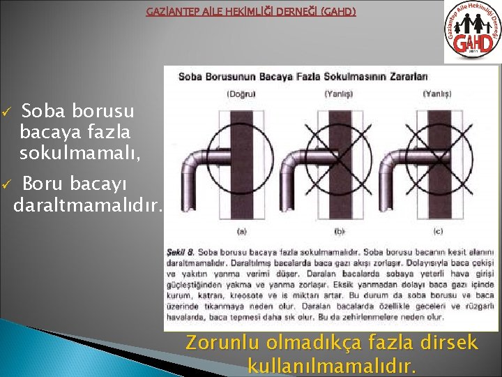 GAZİANTEP AİLE HEKİMLİĞİ DERNEĞİ (GAHD) ü ü Soba borusu bacaya fazla sokulmamalı, Boru bacayı