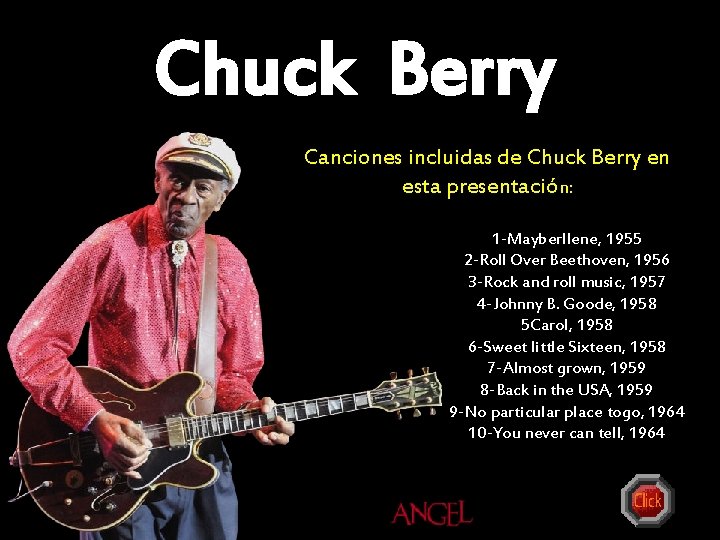 Chuck Berry Canciones incluidas de Chuck Berry en esta presentación: 1 -Mayberllene, 1955 2