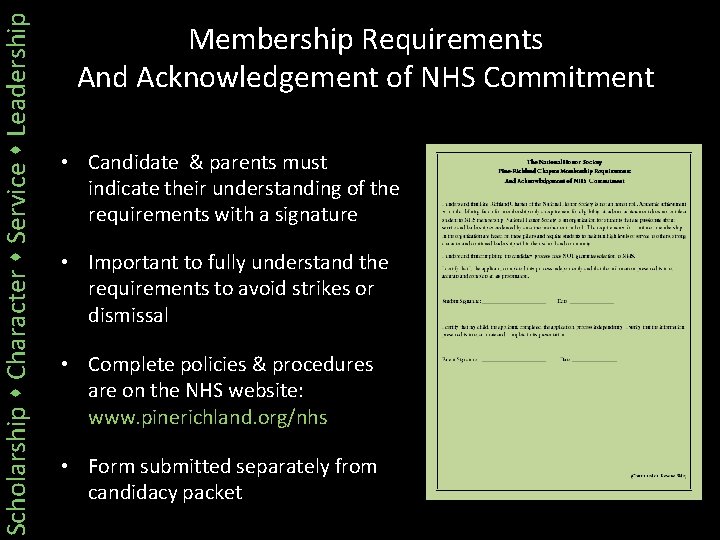 Scholarship Character Service Leadership Membership Requirements And Acknowledgement of NHS Commitment • Candidate &