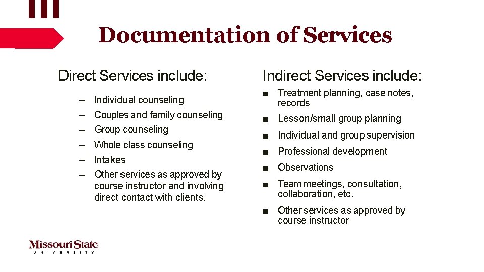 Documentation of Services Direct Services include: – – – Individual counseling Couples and family