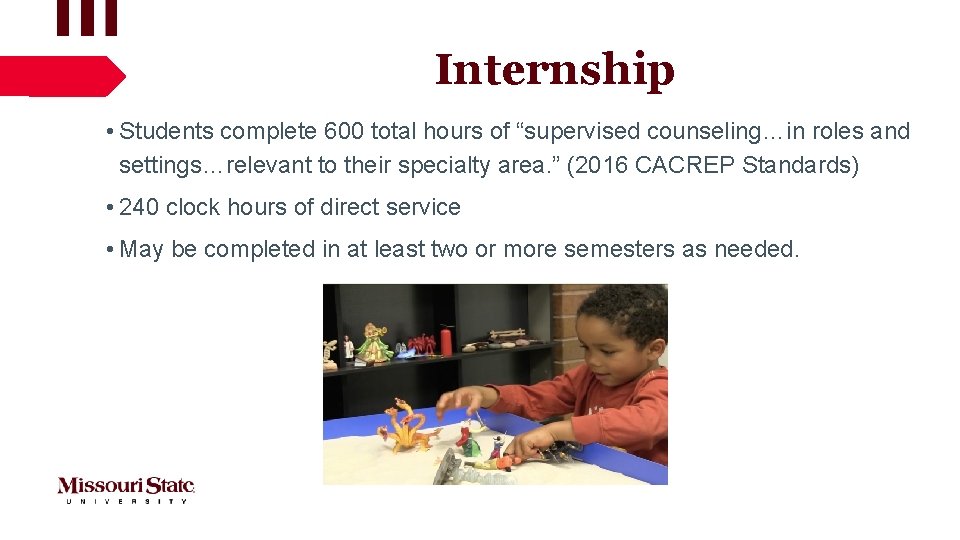 Internship • Students complete 600 total hours of “supervised counseling…in roles and settings…relevant to