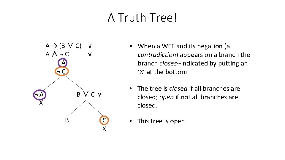 A Truth Tree! A → (B ∨ C) √ A∧¬C √ A ¬C ¬A