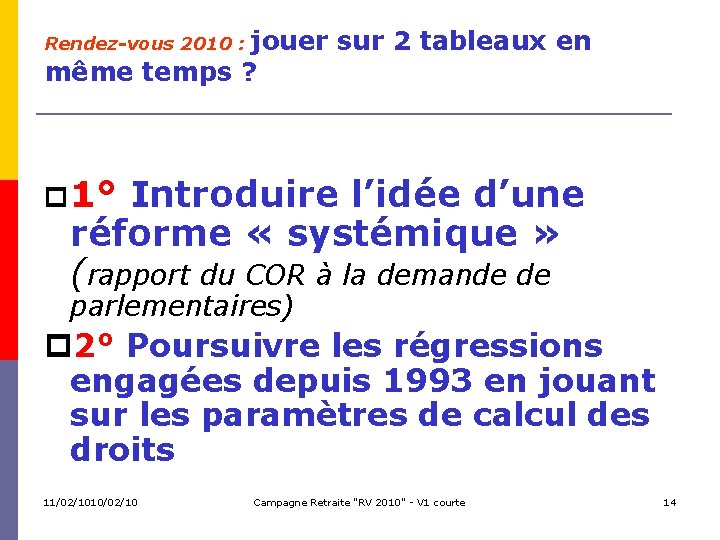 jouer sur 2 tableaux en même temps ? Rendez-vous 2010 : 1° Introduire l’idée