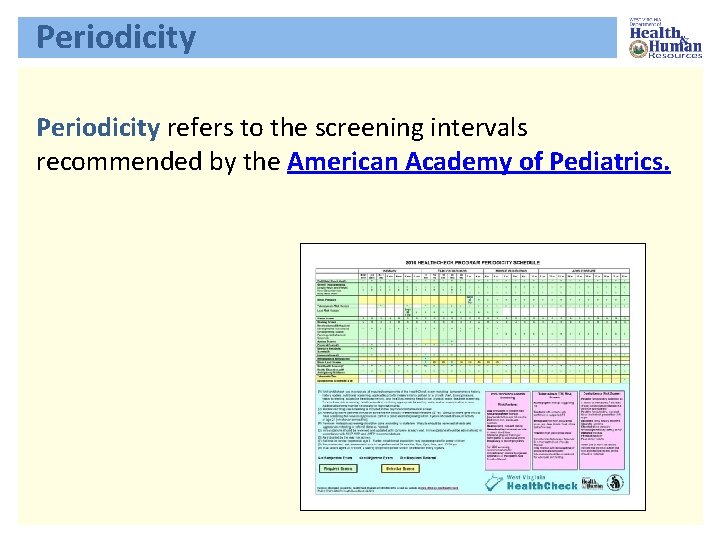 Periodicity refers to the screening intervals recommended by the American Academy of Pediatrics. 