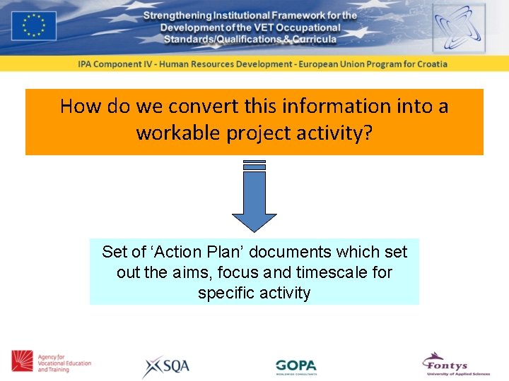 How do we convert this information into a workable project activity? Set of ‘Action