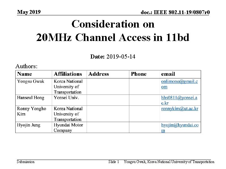 May 2019 doc. : IEEE 802. 11 -19/0807 r 0 Consideration on 20 MHz