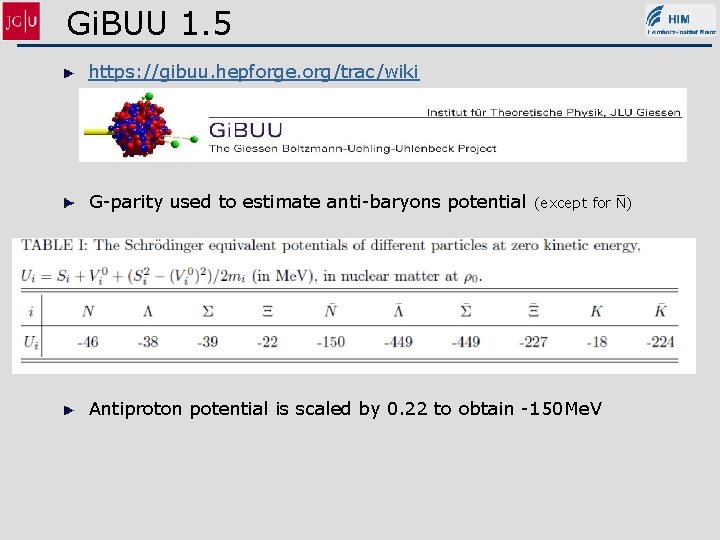 Gi. BUU 1. 5 https: //gibuu. hepforge. org/trac/wiki G-parity used to estimate anti-baryons potential