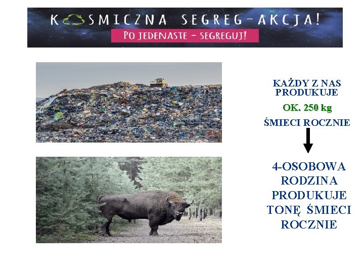 KAŻDY Z NAS PRODUKUJE OK. 250 kg ŚMIECI ROCZNIE 4 -OSOBOWA RODZINA PRODUKUJE TONĘ