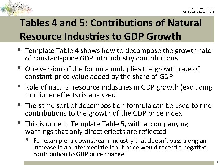 Real Sector Division IMF Statistics Department Tables 4 and 5: Contributions of Natural Resource