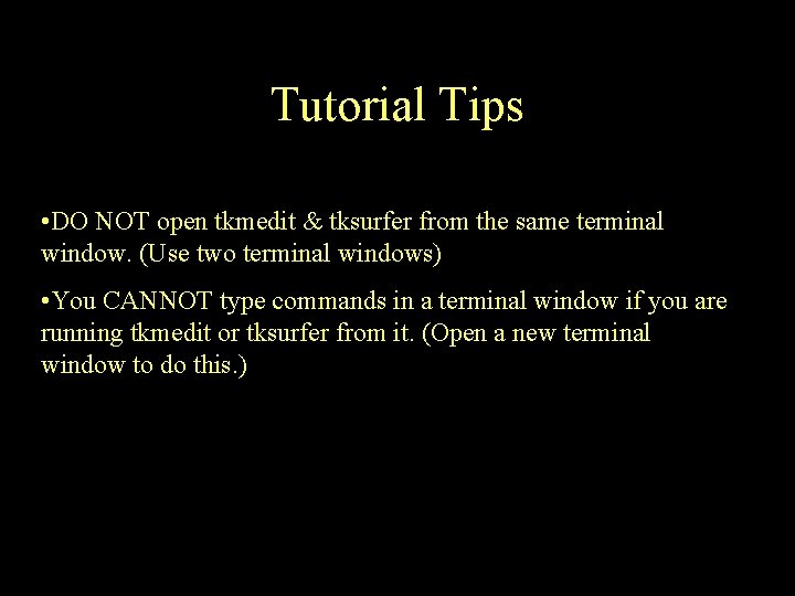 Tutorial Tips • DO NOT open tkmedit & tksurfer from the same terminal window.