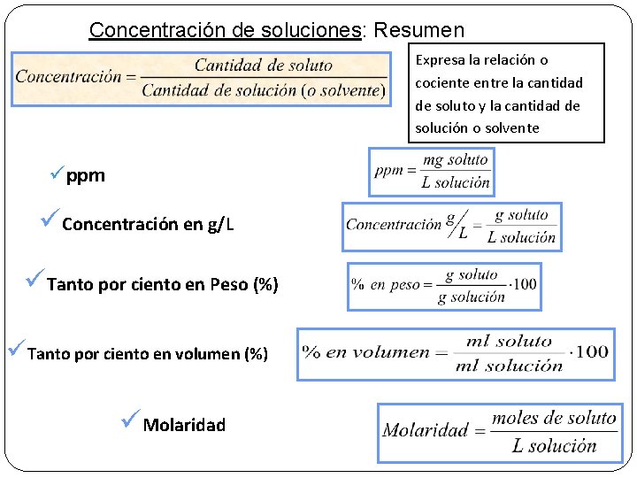 Concentración de soluciones: Resumen Expresa la relación o cociente entre la cantidad de soluto